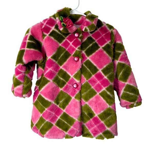 Corky & Company Other - Corky & Company Girls Coat Pink Green Button-Up Jacket Argyle Faux Fur Size 4